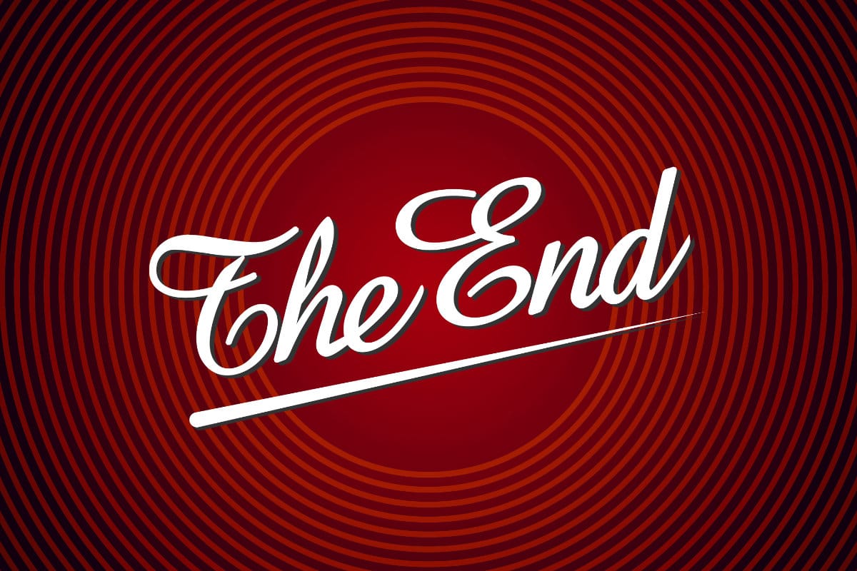 Red background with white cursive text that says The End